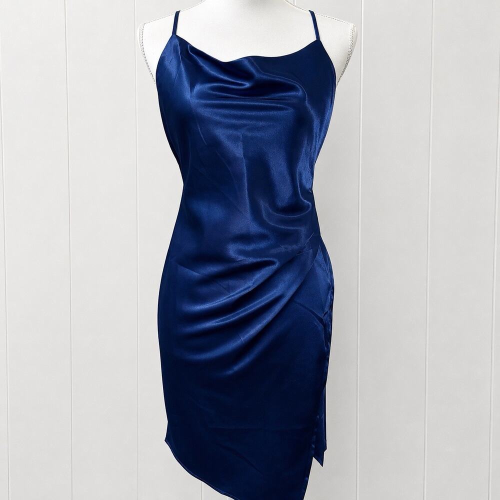 Saints & Secrets Satin Slip Dress Large Navy Blue Cowl Neck Asymmetrical Hem Y2K